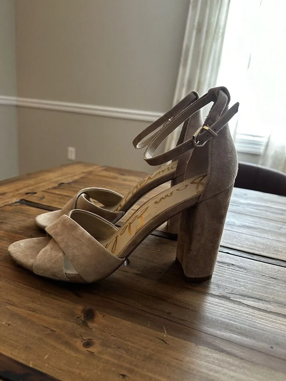Sam Edelman Yancy Block Heels Ankle Straps Size 10 Suede Beige Wedding Business